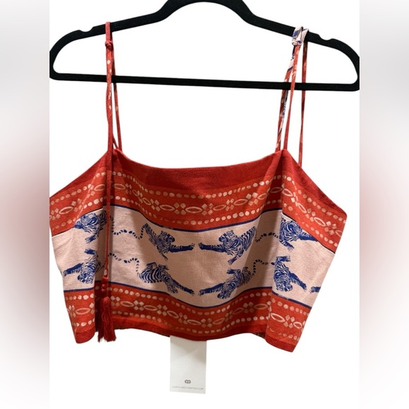 NWT Caroline Constas Crop Top L | Tiger Print Linen Tie-Shoulder Tassel Tank - Picture 3 of 4